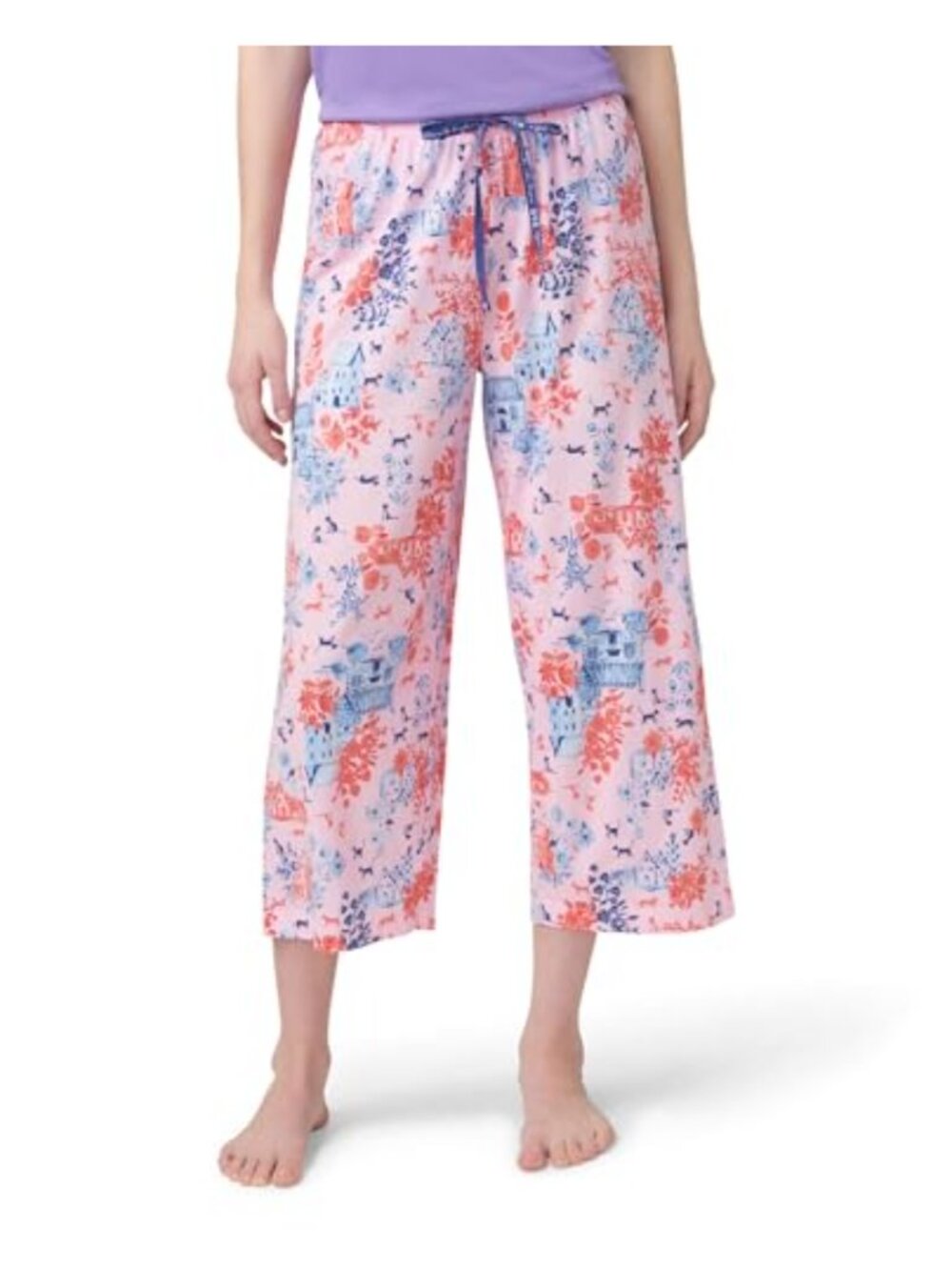 HUE Soft Capri Pajama Bottom Whimsical Print Drawstring Sleep Pants